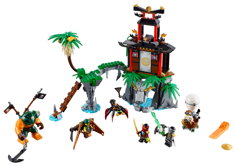 Tiger Widow Island — $49.99 USD — 450 pieces — Mighty Dogshank is approaching carrying her huge anchor weapon. Fight back with Nya’s katana and drop coconuts on Dogshank from the tower and Sensei Wu’s hot air balloon. Watch out for Sqiffy’s pirate flyer and make the palm tree fall to knock him off the ladder. Hide out in the cave—and beware of the giant venomous spider roaming the island! Defeat the pirate invaders and free trapped Lloyd from the special Djinn Blade!
